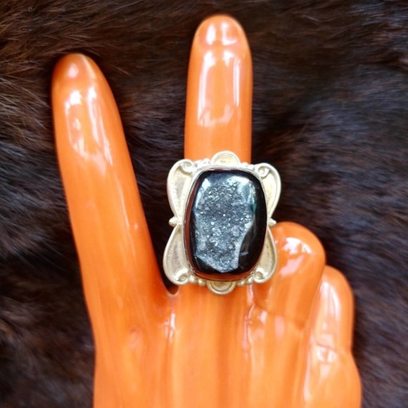 Sterling Silver black druzy ring Indian Chunky Big cocktail retro boho gypsy 8 - Picture 4 of 6